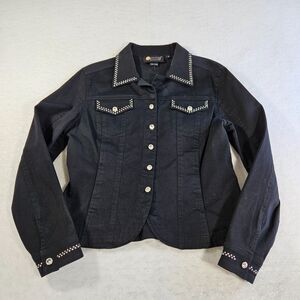 Christine Alexander Denim Jacket Women M Black Rhinestones Y2K Western Boho Chic